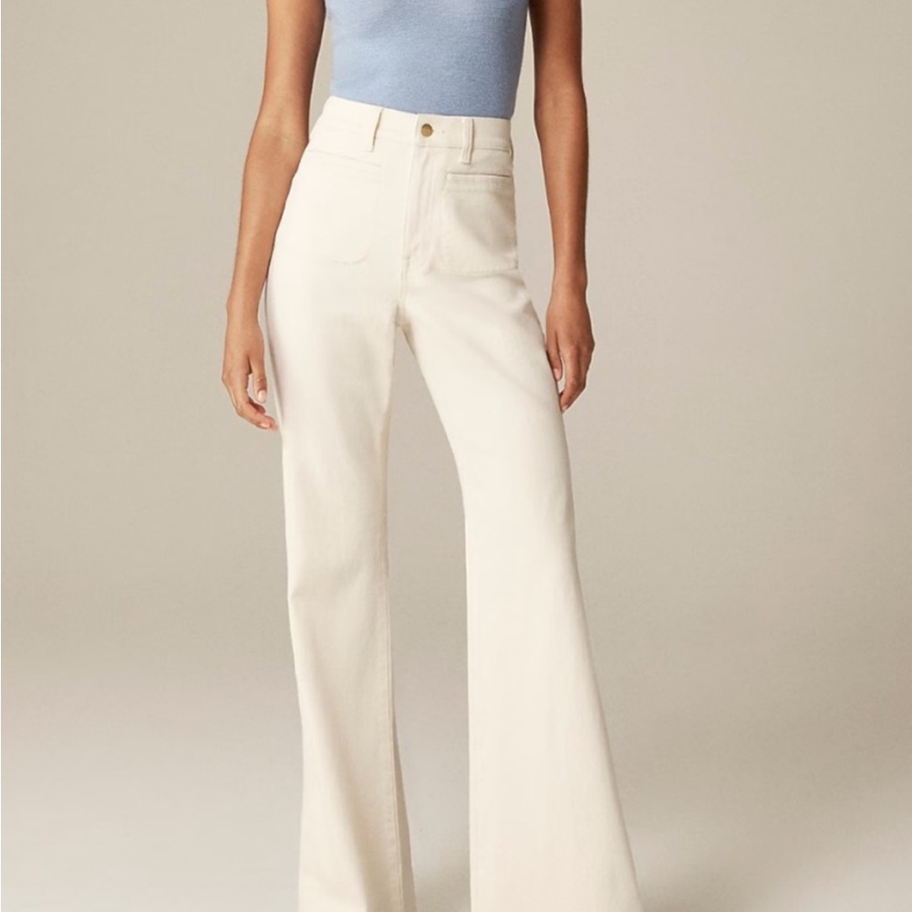 J crew high rise wide leg flare ecru beige denim jeans